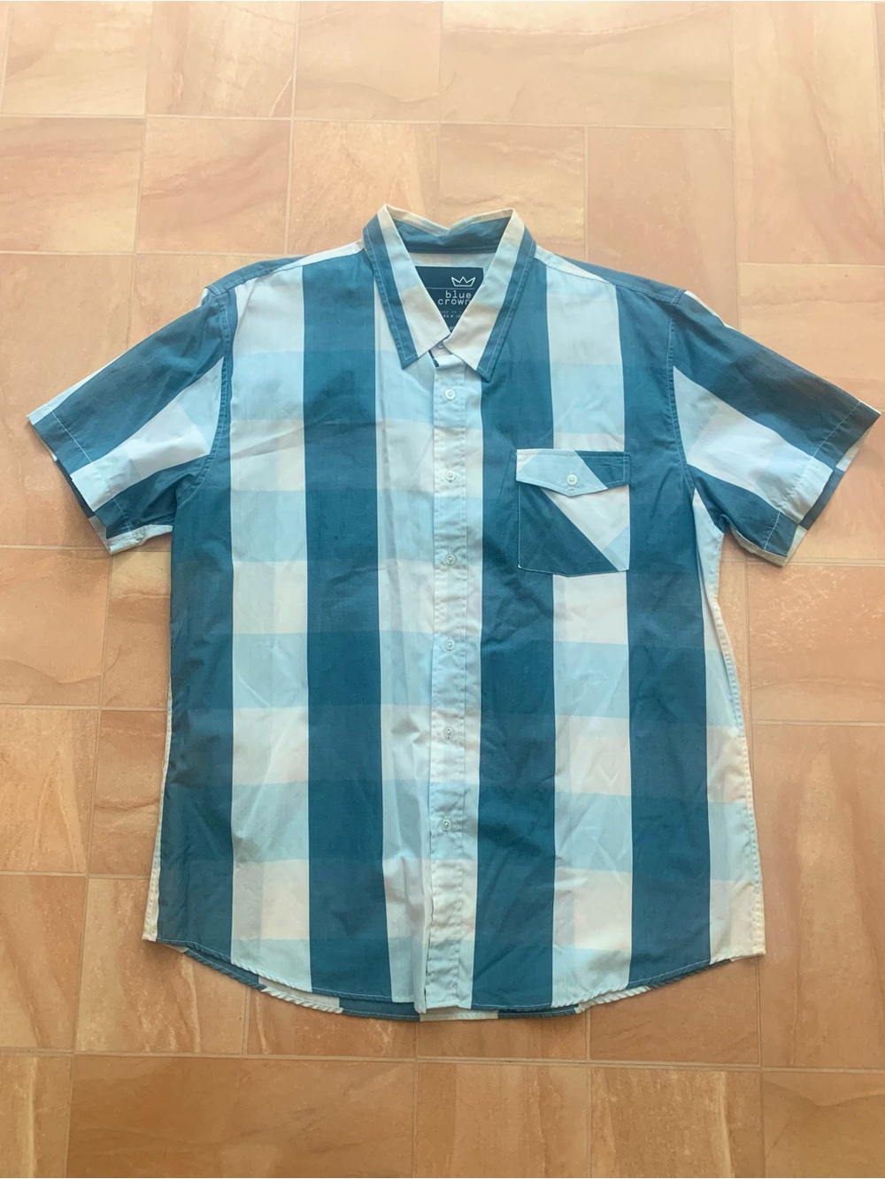 Blue Crown Men's Blue & White Stripe Plaid Short Sleeve Button Down Shirt